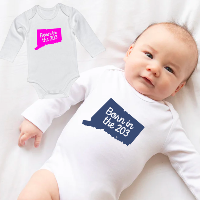 Born In The 203-  Long Sleeve Onesie